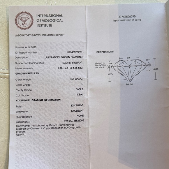 Quince Platinum Ring with Lab grown 1.55 carat Diamond size 4 1/2 - Picture 4 of 4